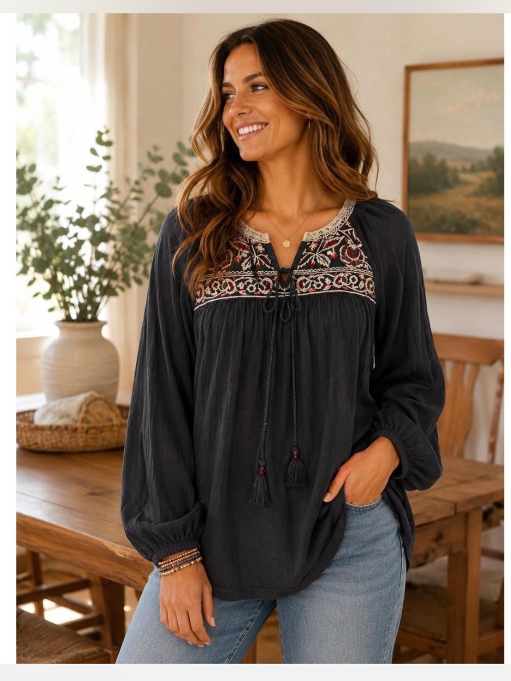 One September and Embroidered Boho Peasant Blouse Medium Black Floral Yoke